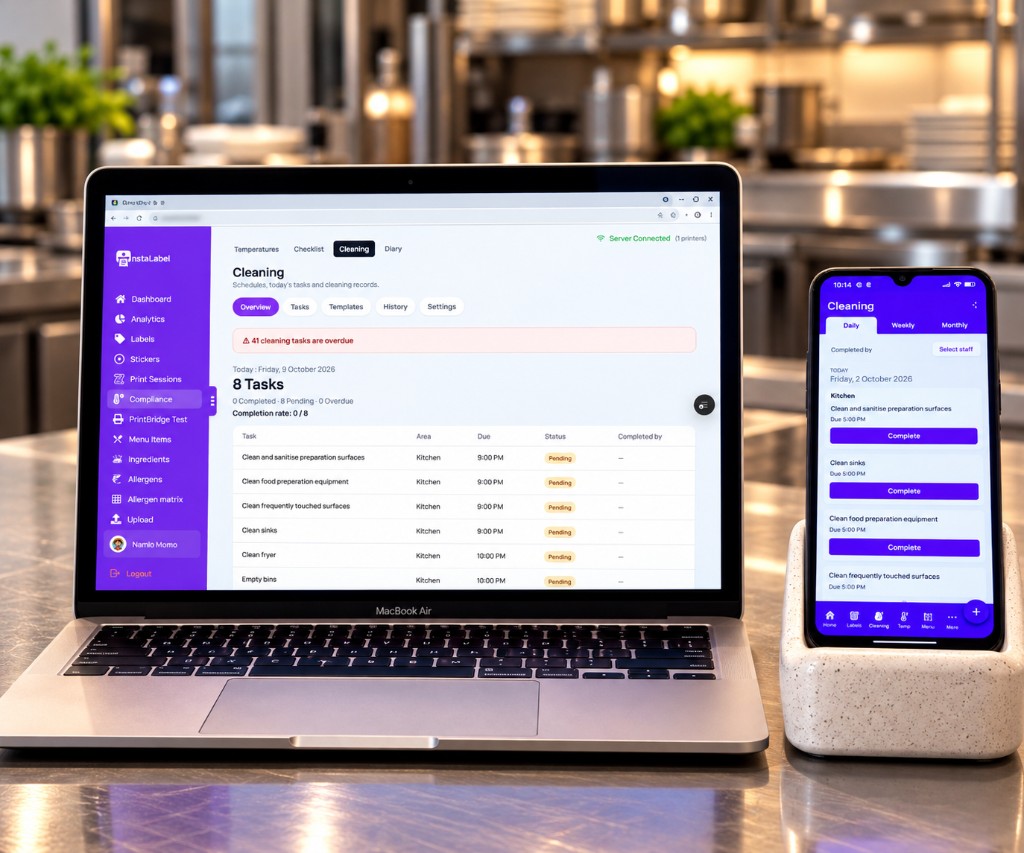 Cleaning checklist on the InstaLabel dashboard and the Android app